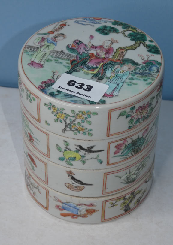 Stacked ceramic containers with colorful floral and bird designs, labeled with the number 633.